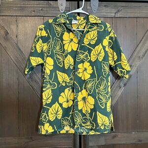 Go Barefoot Hawaiian Shirt Mens Medium Green Yellow Hibiscus Floral Cotton USA
